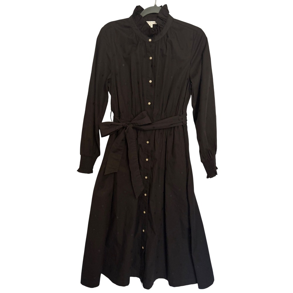 Free Assembly Black Dot Ruffle Neck Midi Shirt Dress Belt Size Medium Goth